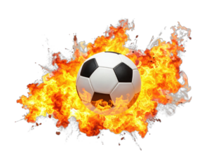 A soccer ball surrounded by an explosion of fire on a solid black background