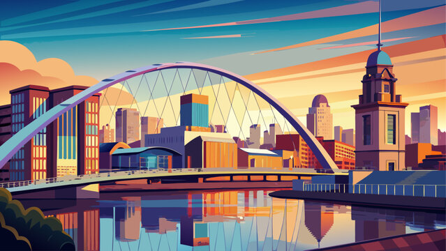 Very beautiful urban view of the iconic Clyde Arch bridge spanning the River Clyde, blending modern engineering with Glasgow&rsquo;s cityscape under soft daylight and dynamic architectural lines.