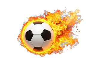 Fototapeta premium A soccer ball engulfed in vibrant flames against a stark black background