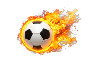 A soccer ball engulfed in vibrant flames against a stark black background