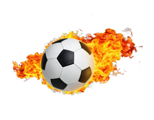 A soccer ball surrounded by vibrant flames, isolated on a black background