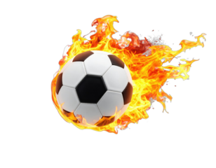 A soccer ball engulfed in flames, a visual metaphor for passion and speed