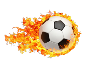 A soccer ball surrounded by realistic flames, creating a dynamic, fiery effect against a black backdrop
