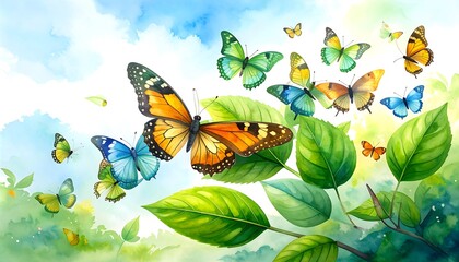 Colorful butterflies on leaves