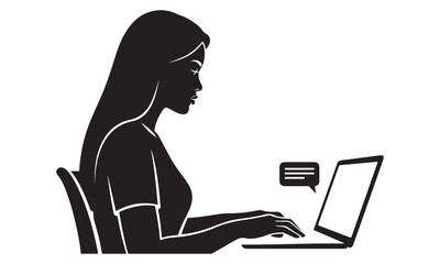 Woman working on laptop with chat bubble modern workspace