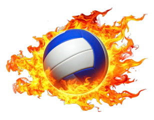 A volleyball in flames against a black background. Colors blue, white, orange, and black