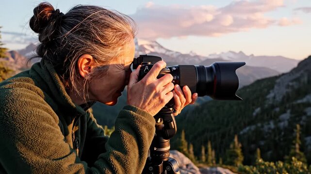 Woman setting up camera on tripod in mountain landscape