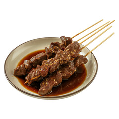Beef Satay Skewers with Sauce on Plate with Transparent Background