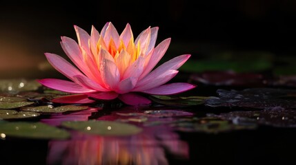 A lotus flower rises from the water with open petals showing shades of pink and white. Green lily pads float nearby and sunlight creates highlights and reflections on the surface.
