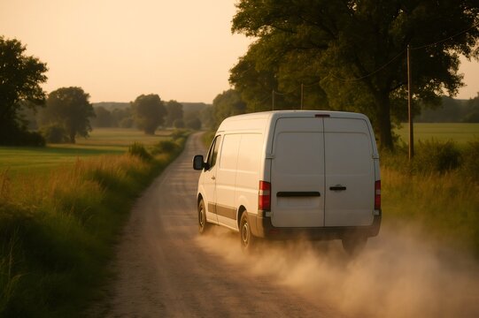 White cargo van traveling on an unpaved road, leaving a cloud of dust behind it during a warm summer evening