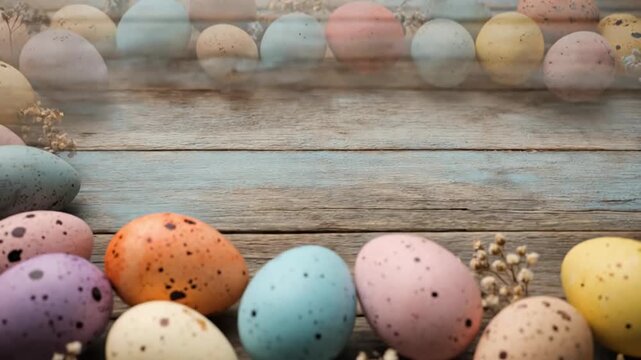 Colorful speckled Easter eggs border on rustic wooden background with dried flowers and copy space