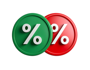 Two circular icons, one green, one red, with percentages