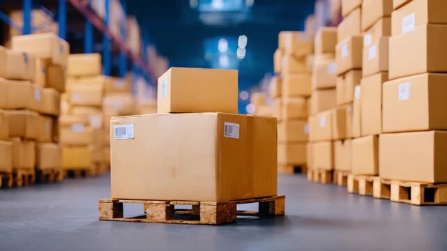 Warehouse Storage: Organized rows of cardboard boxes are neatly stacked on wooden pallets within a modern distribution center.