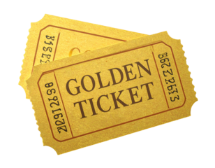 Two golden tickets with perforations and printed text