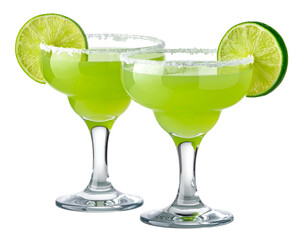 Two refreshing lime cocktails in margarita glasses with salt rim