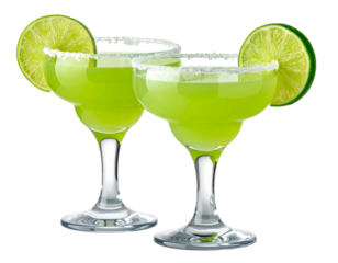 Two refreshing lime cocktails in margarita glasses with salt rim