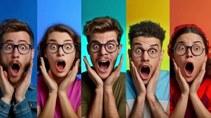 Four surprised people wearing glasses with their mouths open against colourful backgrounds are ideal as a bright backdrop for memes or creative social campaigns.
