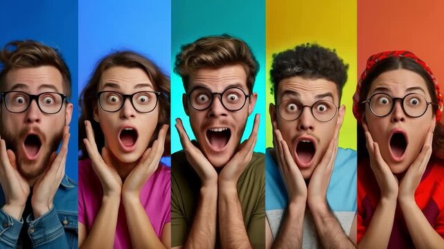 Four surprised people wearing glasses with their mouths open against colourful backgrounds are ideal as a bright backdrop for memes or creative social campaigns.
