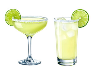 Two tall glasses of pale yellow cocktails with lime slices