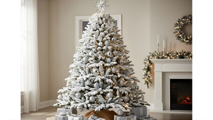 Elegant Flocked Christmas Tree with Silver Ornaments and Warm Lights in a Cozy Home Setting