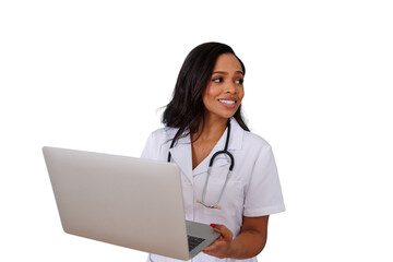 Healthcare professional checking patient data on laptop, providing remote medical advice and digital health services