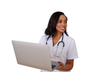 Healthcare professional checking patient data on laptop, providing remote medical advice and digital health services