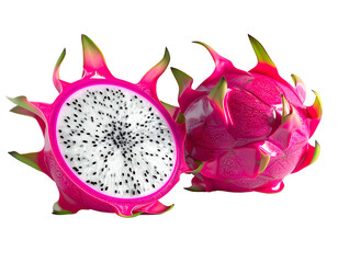 Vibrant dragon fruit, whole and halved, reveals white flesh, black seeds
