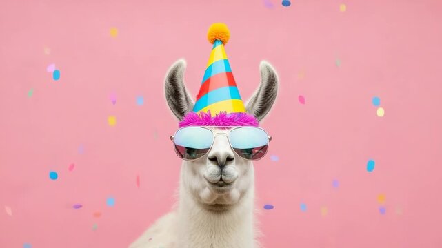 A cheerful llama wearing a festive party hat and cool aviator sunglasses. Colorful confetti sprinkles around the happy animal. Great for birthdays and fun event promotions