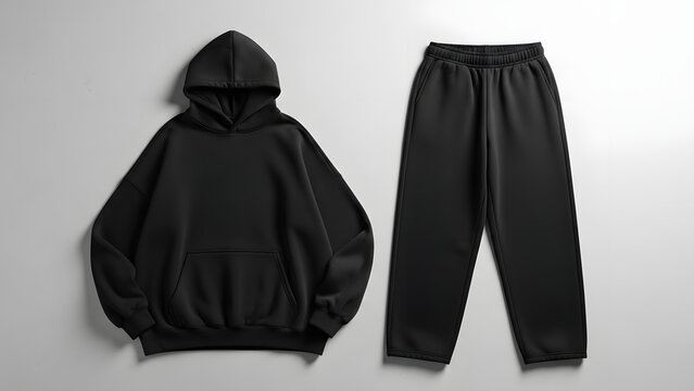 Blank Black Oversized Hoodie and Sweatpants Tracksuit Mockup. Flat Lay Apparel Template on Neutral Background