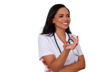 Young black female doctor smiling with an open hand gesture, exuding confidence and care as a medical professional. Transparent background