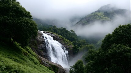 Fototapeta premium A majestic waterfall cascades down rocky slopes surrounded by lush green mountains veiled in ethereal mist