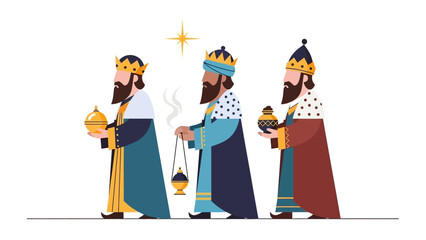 This flat design vector illustration shows the Three Kings, Balthazar, Melchior, and Caspar, presenting their iconic gifts of gold, frankincense, and myrrh, embodying the spirit of Epiphany.