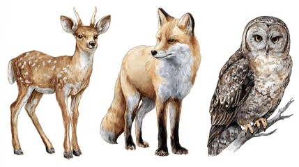 Wildlife Illustrations: Forest Animals Collection. Detailed Digital Artwork of Deer, Fox, and Owl for Nature & Fauna Themes.
