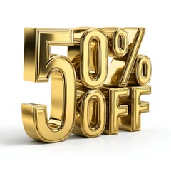 Shimmering Gold 50 Percent Off: Premium Promotional 3D Text for Retail Sales, Special Deals, Marketing Campaigns, and Business Advertising
