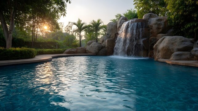 A luxurious swimming pool with a natural rock waterfall surrounded by lush tropical greenery during sunrise or sunset