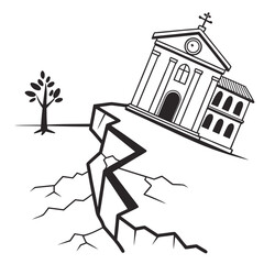Fototapeta premium A black and white illustration depicting a church building tilting into a large crack in the ground, symbolizing an earthquake or natural disaster.