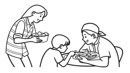 A family sharing a meal, with a woman serving food to a man and a child eating at a table.