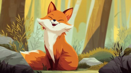 Obraz premium A fox with bright orange fur sits in a forest. It has a happy expression surrounded by trees and green plants during daylight. The scene shows a playful animal in nature.
