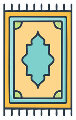 Prayer Rug Illustration with Ornate Pattern and Border in Yellow, Green, Blue and Black Colors