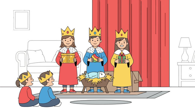 A delightful flat design illustration capturing children joyfully reenacting the Three Kings story, a charming aspect of Epiphany celebrations.