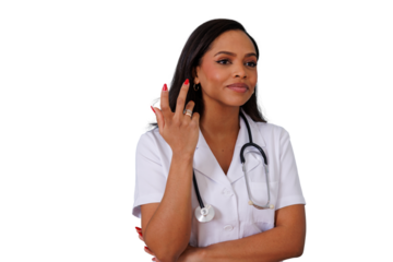 Confident female doctor or nurse professional wearing lab coat and stethoscope, posing transparent background