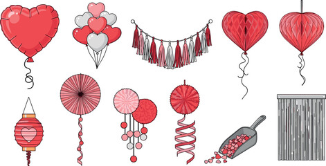 Red heart balloons, tassel garland, paper lanterns and confetti decorations for valentine's day or romantic