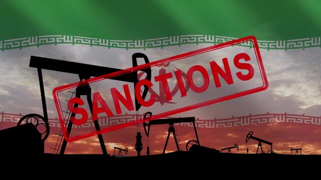 Sanctions, embargo on Iranian gas and oil. Crude oil production. Silhouettes of oil pumps against the backdrop of the sunset and the Iranian flag. The concept of oil imports and exports.