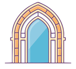 Fototapeta premium Illustration of a cartoon arched window in stone and stained glass with a sky blue view through the glass.