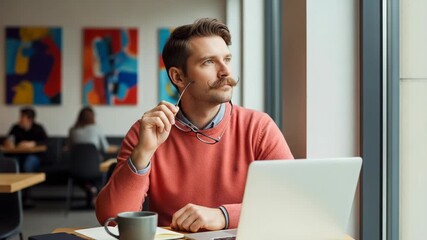 Thoughtful businessman analyzing data on laptop in modern office