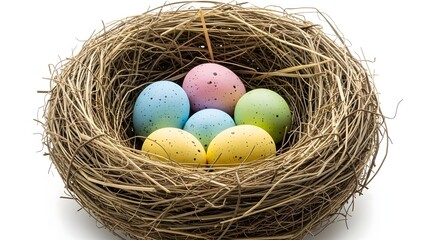 Obraz premium Easter: Colorful Speckled Eggs in Straw Nest Isolated on White Background