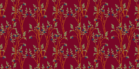 Nature seamless horizontal pattern. Branches of green leaves with blueberries on a reddish-brown background. Plant print for textiles, paper, and fabric.