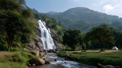 Fototapeta premium A majestic waterfall cascades down a lush green mountain into a rocky river with a tent set up in a nearby clearing