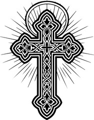 Christian Cross with Floral Draped Cloth Black and White Vector Art