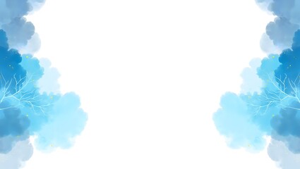 Watercolor blue clouds and tree branches on white background for design